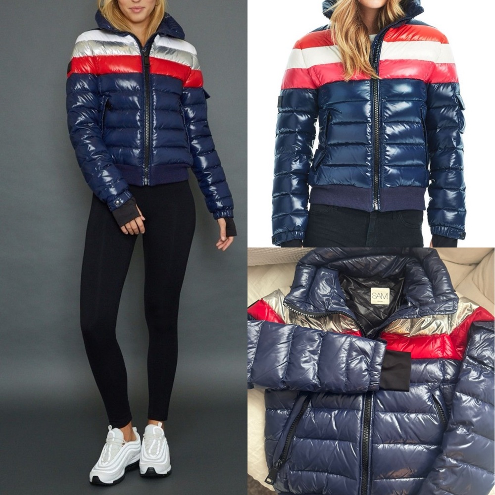 SAM. Women's Blue Puffer Jacket with Red and White Accents
